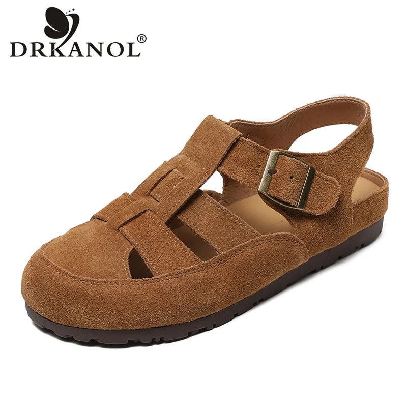 DRKANOL 2025 Fashion Women Sandals Summer Flat Shoes Quality Cow Suede Leather Round Toe Hollow Out Outside Casual Roman Sandals