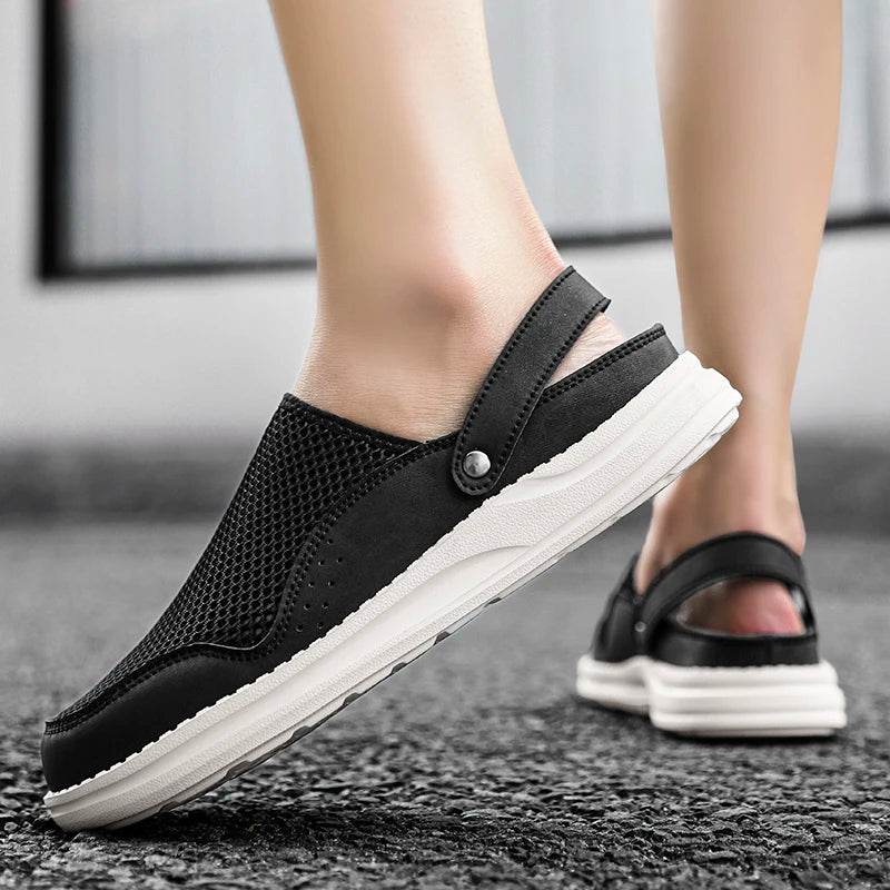 Luxury Men Slipper Comfy Casual Breathable Mesh Shoes Mules Leather Soft Bottom Sandals Summer Outdoor Non-slip Walking Shoes