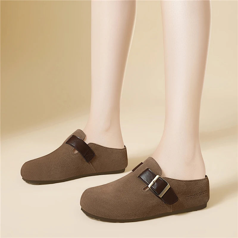 AUTUSPIN Fashion Round Toe Slides Shoes Women 2025 Summer Spring Suede Leather Mules Slippers Female Lazy Slip on Loafers Woman