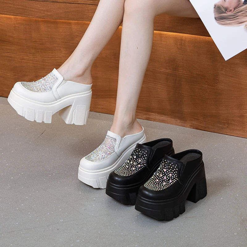 Autuspin Women's Slippers 11cm Super High Heels Women Fashion Mesh Splicing Leather Round Toe Slides Crystal Ladies Mules Shoes