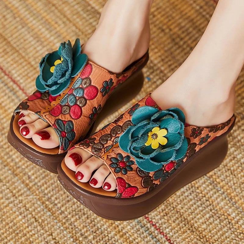 DRKANOL Summer Outside Wedges Slippers Women Printing Flowers Genuine Leather Peep Toe Platform Slippers Rthnic Style Slides