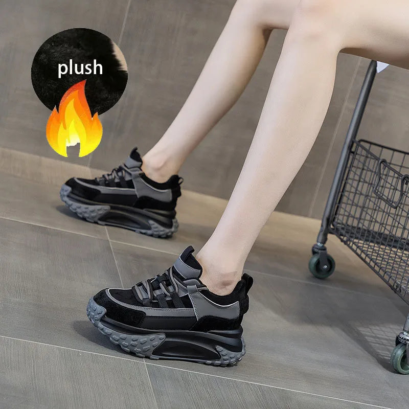 Fujin 6cm Suede Genuine Leather Women Casual Platform Wedge Chunky Sneakers Spring Autumn Fashion Hidden Heels Vulcanize Shoes