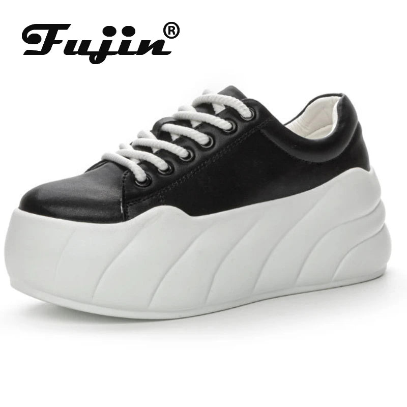 Fujin 8cm Genuine Leather Chunky Sneakers Autumn Flats Spring Vulcanize Women High Brand Casual Platform Wedge Fashion Shoes