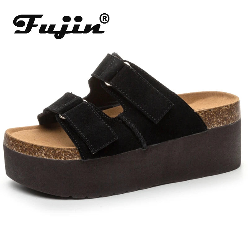 Fujin 7cm Cow Suede Genuine Leather Fashion Sandals Slippers Pumps Platform Wedge Hook Flats Women Summer Peep Toe Ladies Shoes