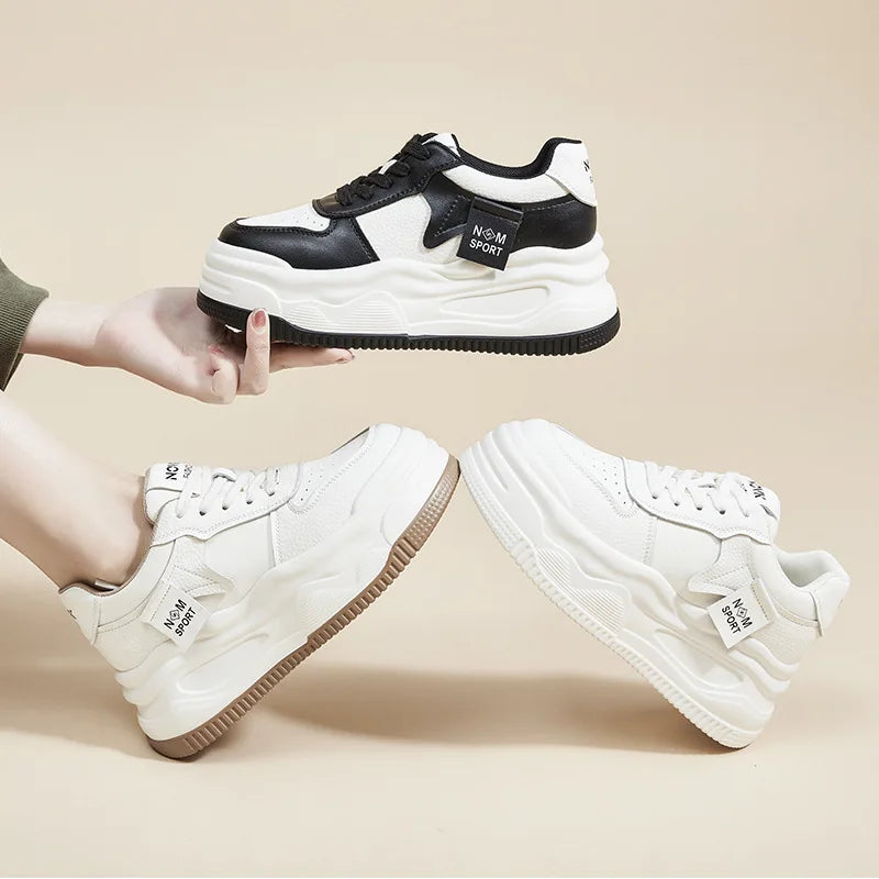 Fujin 8.5cm Genuine Leather Women Vulcanize Chunky Sneakers Women Summer Hidden High Heels Platform Wedge Summer Mesh Shoes