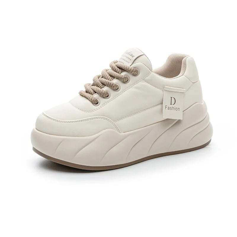 Koznoy 7cm Cow Genuine Leather Women Platform Wedge Fashion Lace Up Shoes Vulcanize Chunky Sneaker Ladies Fashion Vulcanize