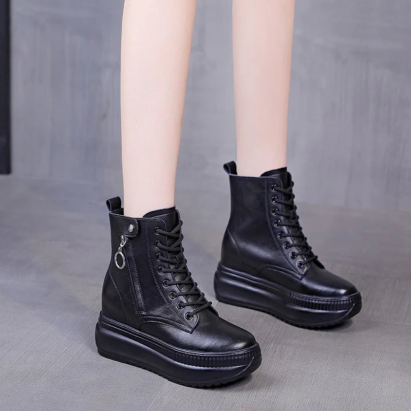 DRKANOL Height Increasing Ankle Boots For Women Real Cowhide Chunky Platform Casual Short Boots Autumn Winter Warm Shoes Black