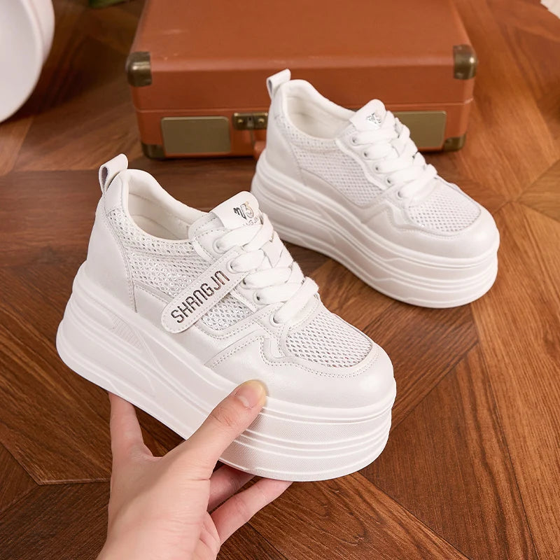 AUTUSPIN Yellow Popular Platform Sneakers Women 2025 Summer Fashion Internal Heighten Ladies Shoes Shiny Bling Mesh Footwear