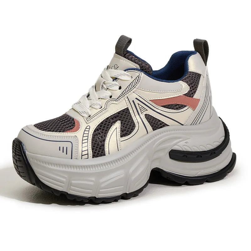 Fujin 9cm Air Mesh Microfiber Leather Women Casual Hidden Heel Shoes Chunky Sneakers Vulcanize Platform Wedge Skateboard