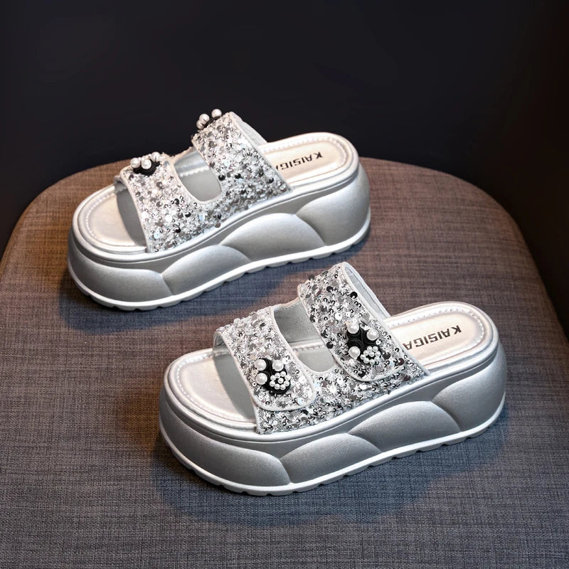 AUTUSPIN 7cm Women Sandals Summer Fashion Wedges Platofrms Shoes Leisure Slides Female Beads Decoration Slippers Size 34-39