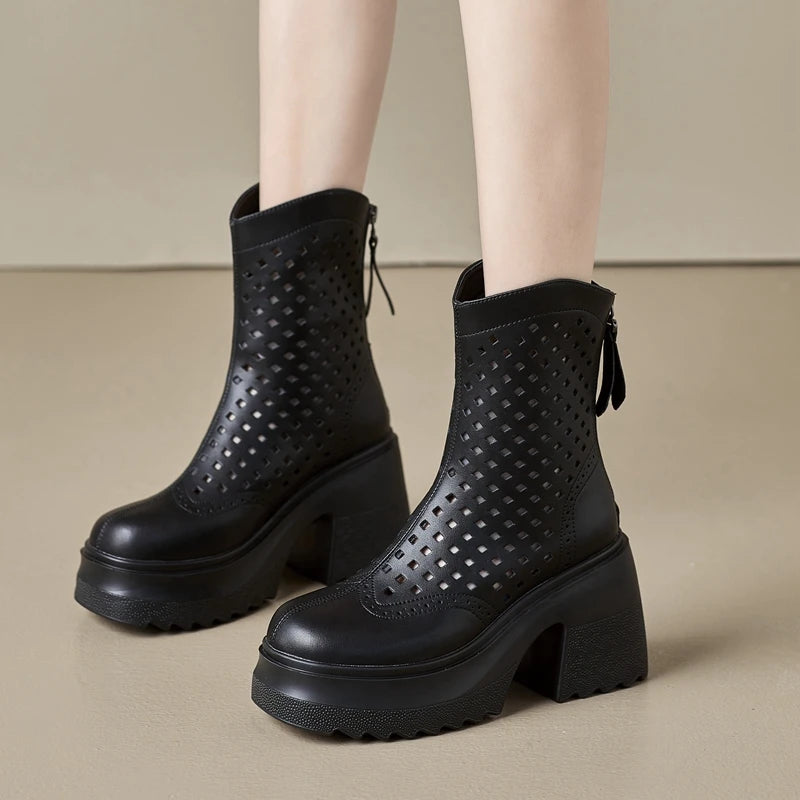 Autuspin 10cm Thick High Heels Women Summer Ankle Boots Microfiber Leather Ladies Hollow Short Boot Shoes Woman Basic Booties