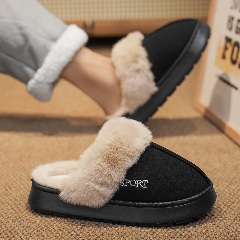 STRONGSHEN Men Fluffy Slippers Thick Sole Winter Warm Shoes For Couples Soft Fur Keep Warm Female Outdoor Fur Fuzzy Flat Shoes
