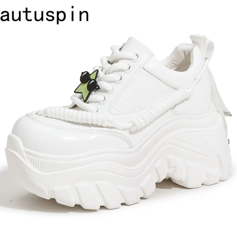 AUTUSPIN New Stylish Women Sneakers Leisure Shoes 2025 Spring Autumn Fashion Leather Thick Bottom Chunky Comfortable Sneaker