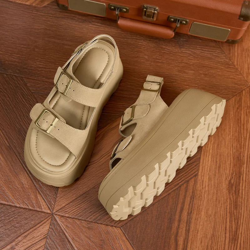 AUTUSPIN 7cm Women Sandals Summer Fashion Ladies Suede Leather Buckles Shoes Outdoor Popular Female Rome Platform Sandalias