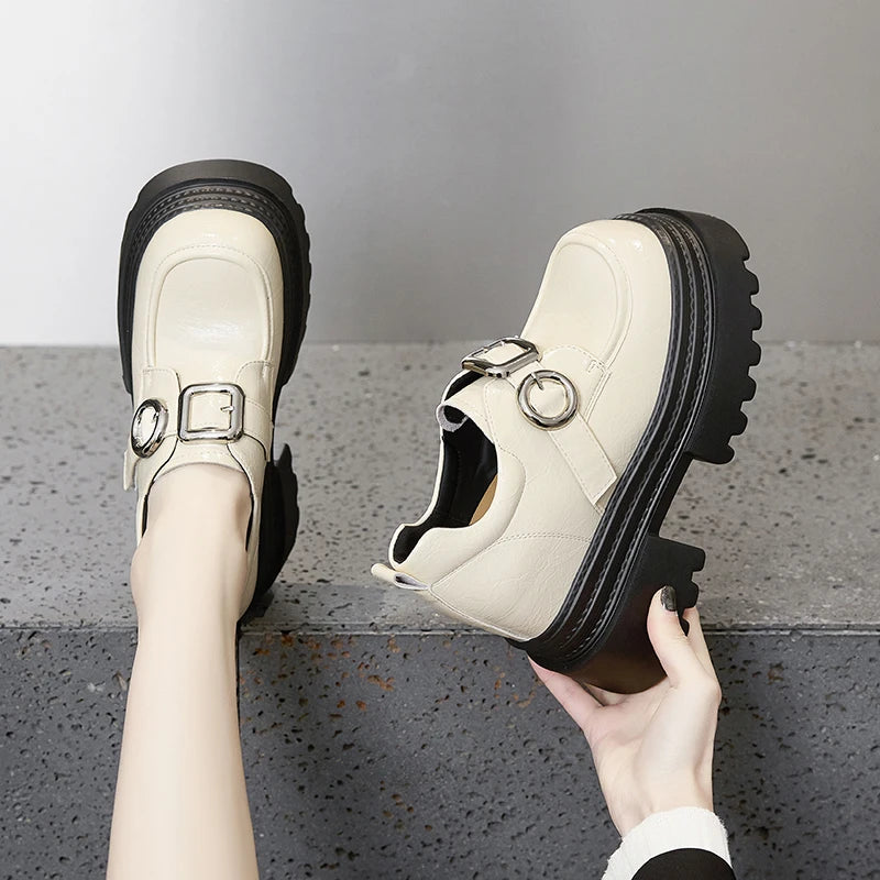 AUTUSPIN 2025 New Increased Internal Women Loafers Fashion Leather High Thick Heels Chunky Platform Ladies Tide Shoes Round Toe