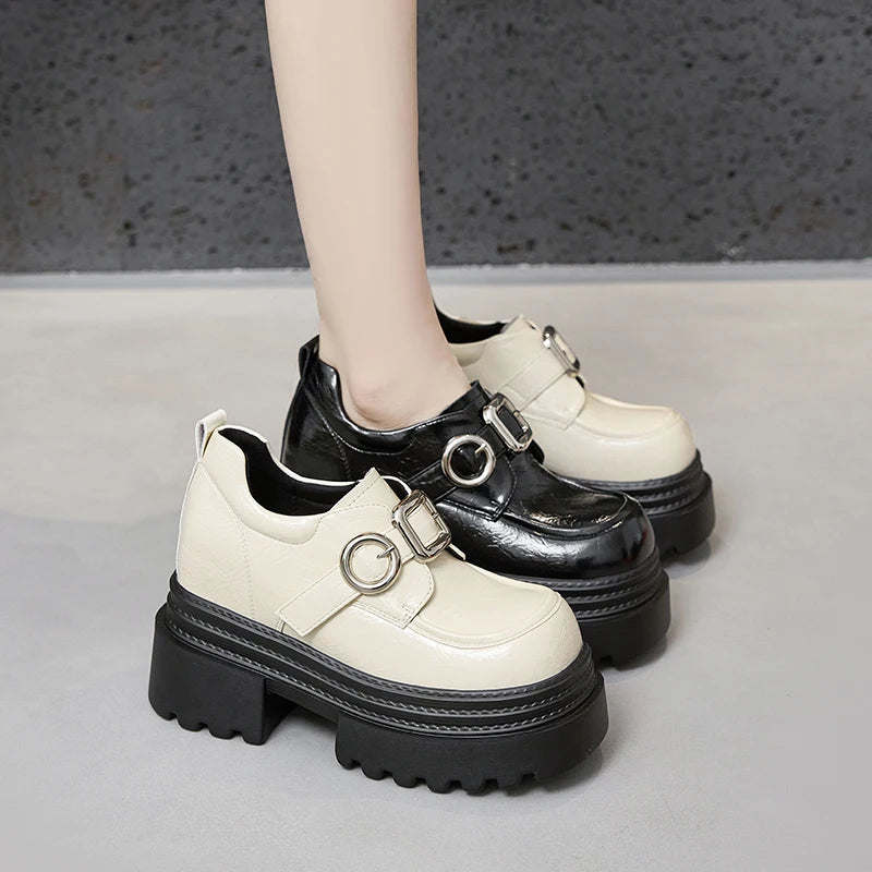 AUTUSPIN 2025 New Increased Internal Women Loafers Fashion Leather High Thick Heels Chunky Platform Ladies Tide Shoes Round Toe