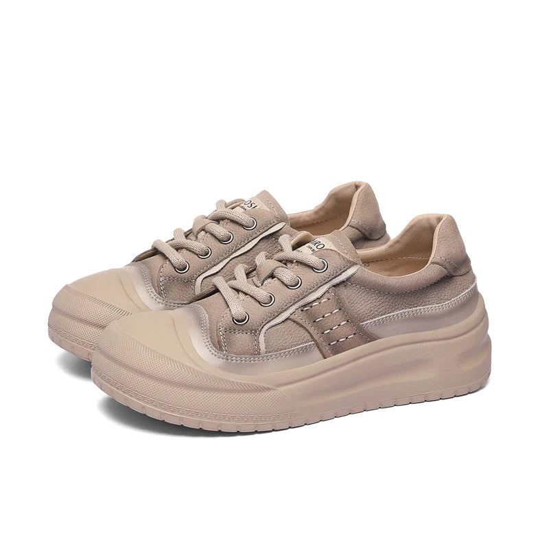 AUTUSPIN 4cm Chunky Flats Women Vulcanize Shoes Retro Leisure Genuine Cow Leather Skateboard Shoes Student Sport Sneakers Winter