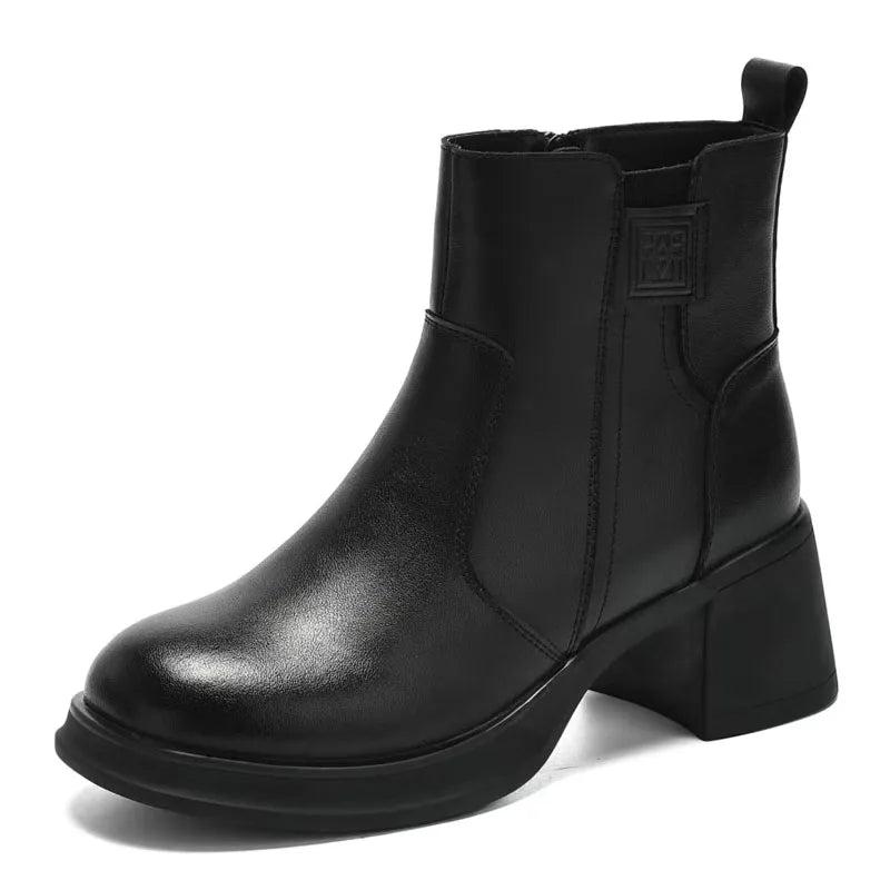 DRKANOL 2025 Women High Heel Ankle Boots Autumn Winter Plush Warm Shoes Quality Real Cowhide Trend Thick Heel Casual Short Boots