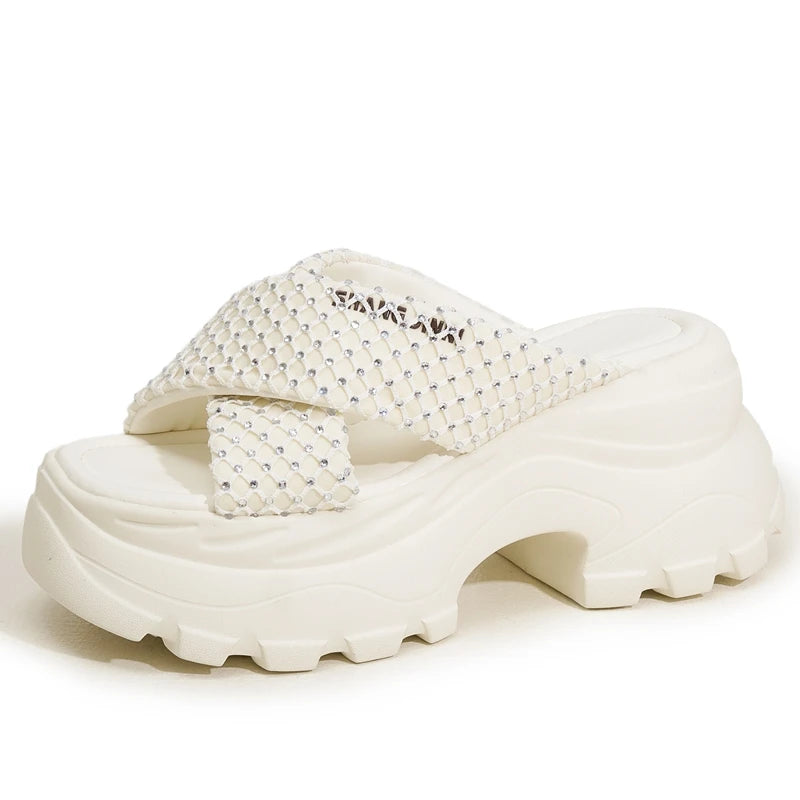 AUTUSPIN 7.5cm Fashion Slippers for Women Summer Rhinstones Shiny Slides Shoes Female Wedge Platform High Heels Thick Soled Shoe