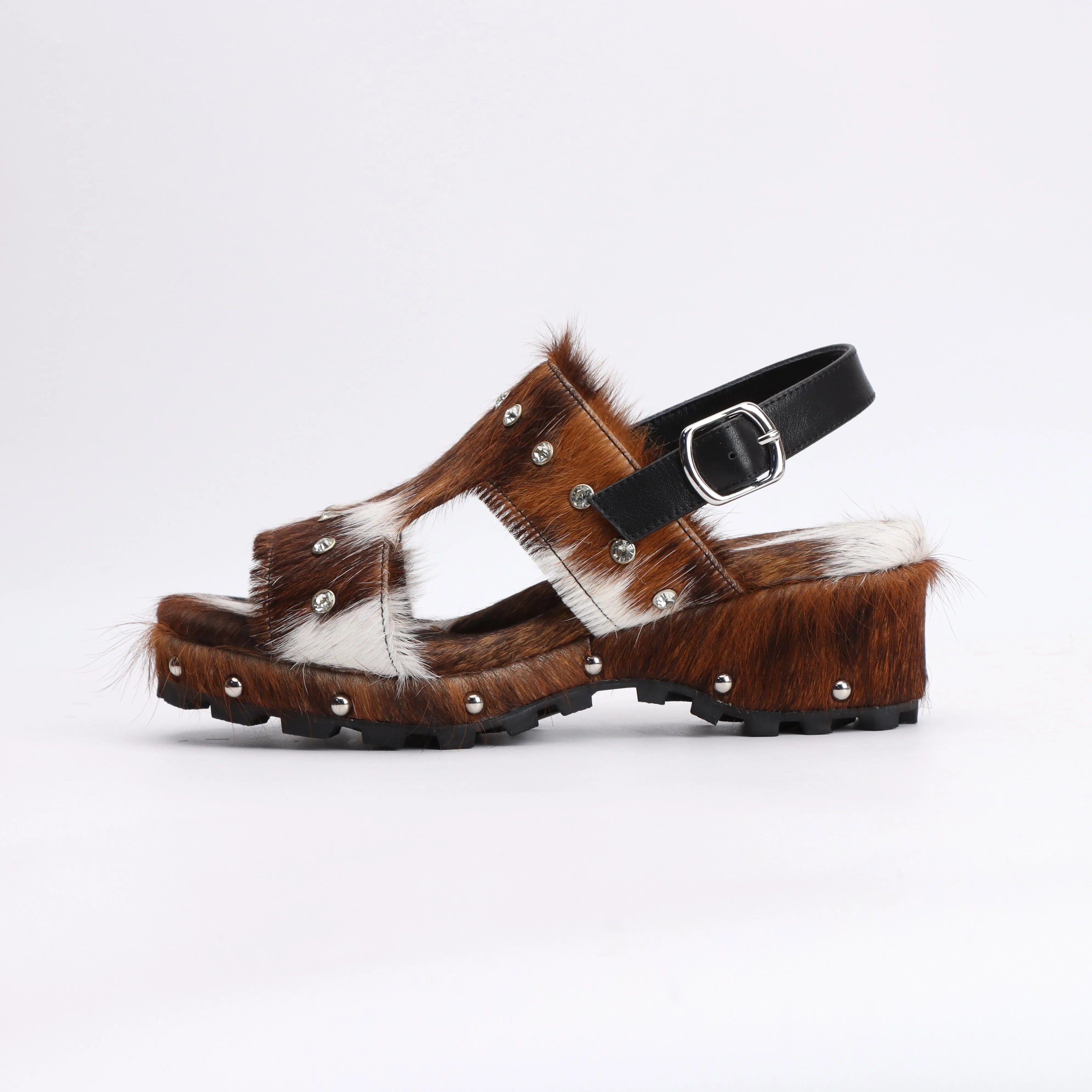 Luxury Horsehair Studded Mid Heel Rubber Sole Platform Sandals for Woman – Designer Shoes Sandals Woman Sandalias de Mujer