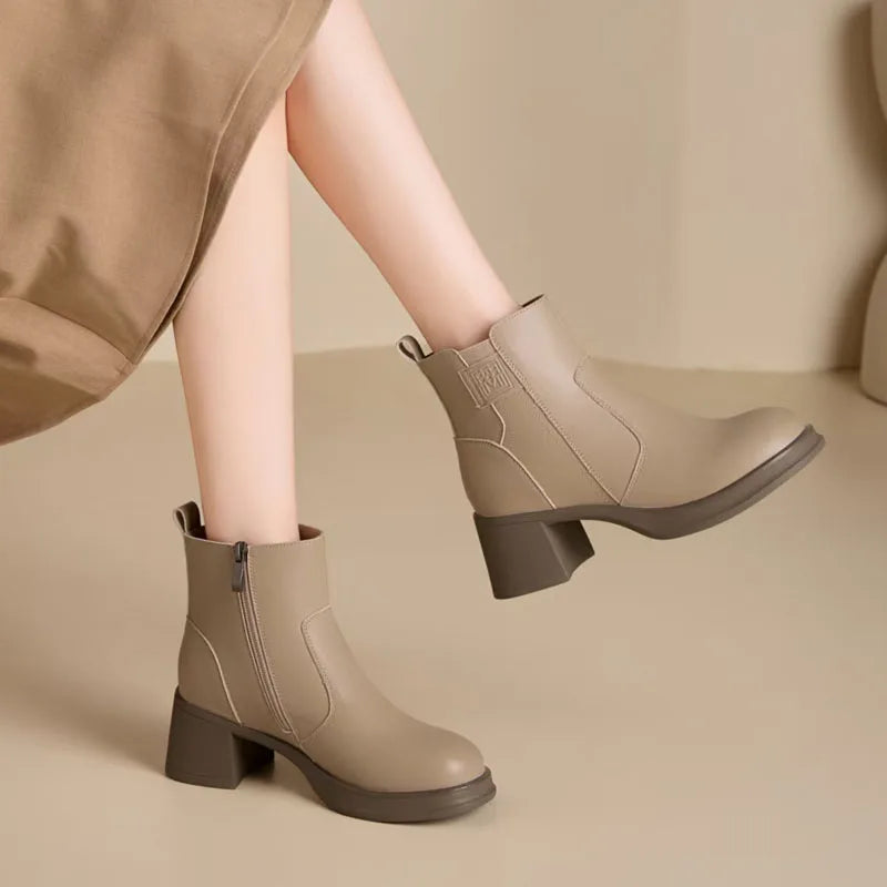 DRKANOL 2025 Women High Heel Ankle Boots Autumn Winter Plush Warm Shoes Quality Real Cowhide Trend Thick Heel Casual Short Boots