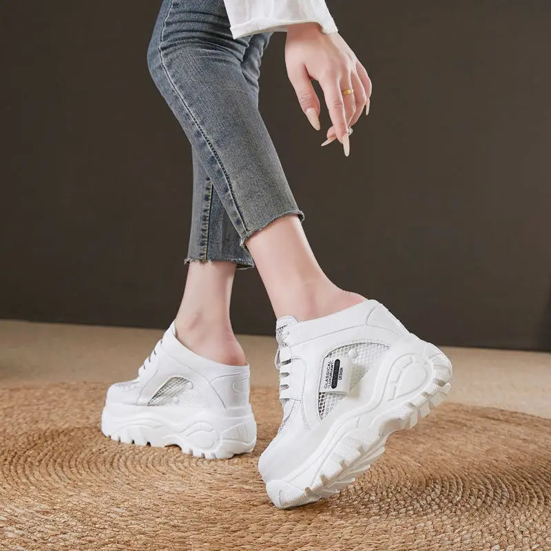 Fujin 12cm Air Mesh Genuine Leather Women Casual Platform Wedge Slipper Hidden Heel Summer Shoes Chunky Sneaker High Heel White