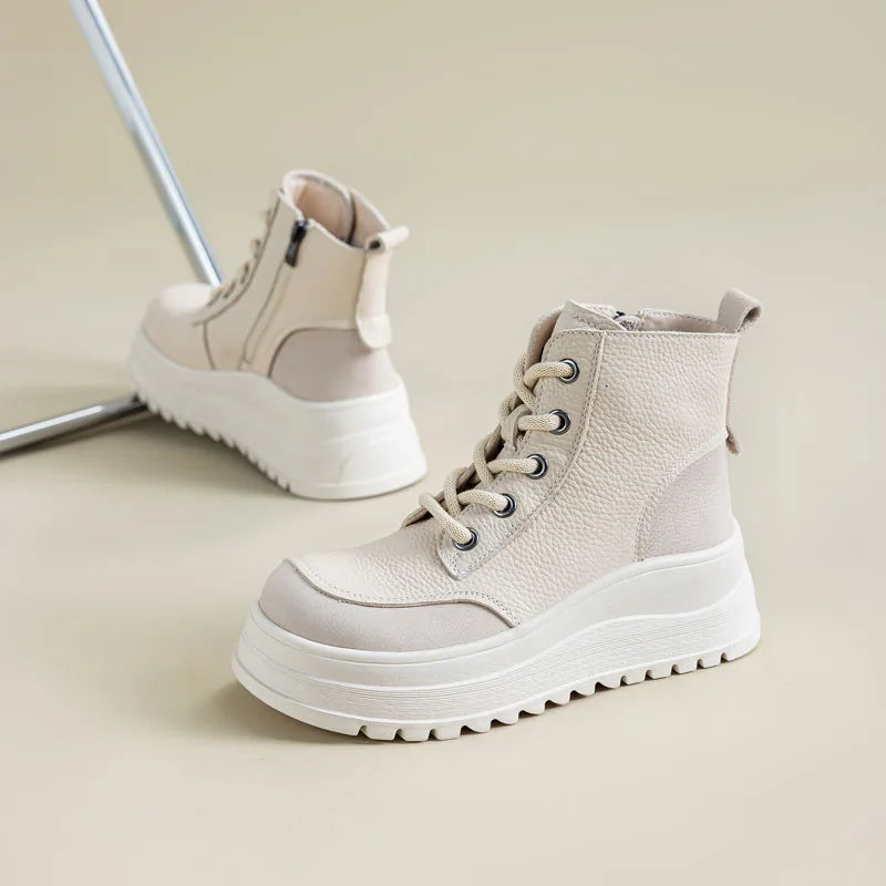 DRKANOL Fashion Women Thick Sole Wedges Heel Ankle Boots Spring Autumn Round Toe Genuine Leather Chunky Platform Casual Boots