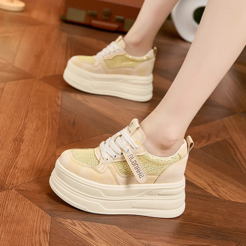 AUTUSPIN Yellow Popular Platform Sneakers Women 2025 Summer Fashion Internal Heighten Ladies Shoes Shiny Bling Mesh Footwear