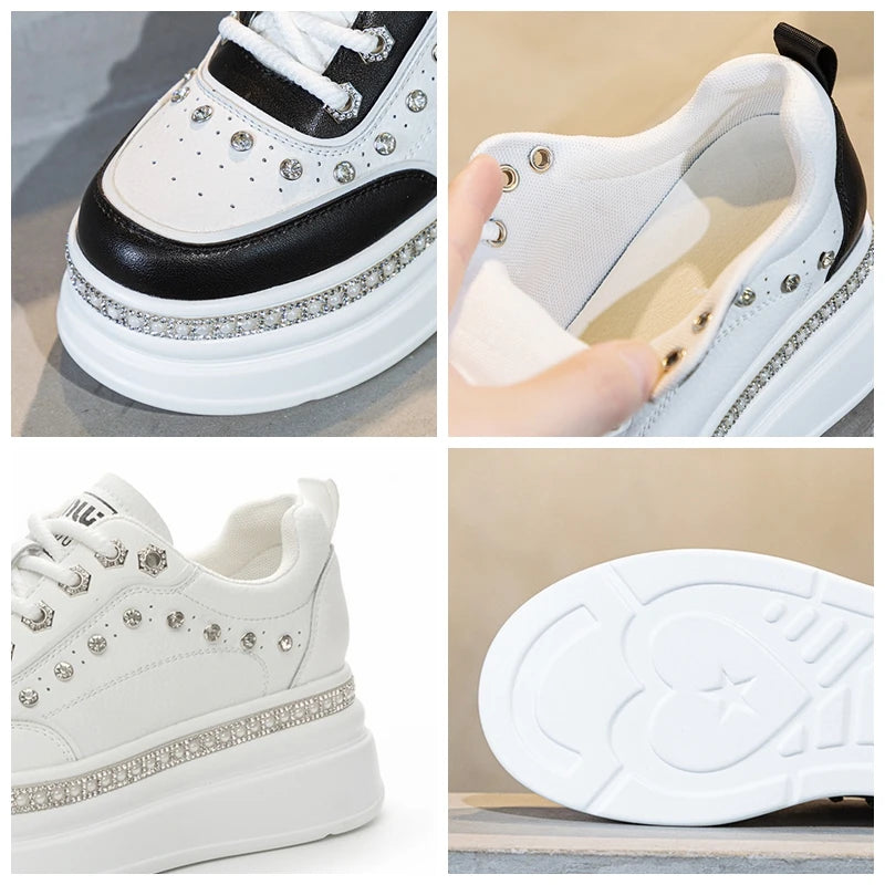 Fujin 7cm Genuine Leather Women Casual Bling Chunky Sneakers Platform Wedge Vulcanized Autumn Spring Hidden Heels Ladies Shoes