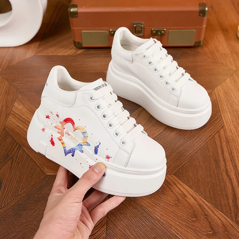 AUTUSPIN White Skateboard Shoes for Women 2025 Fashion Thick Soled Ladies Casual Leather Shoes Outdoor Tide Vulcanized Sneakers