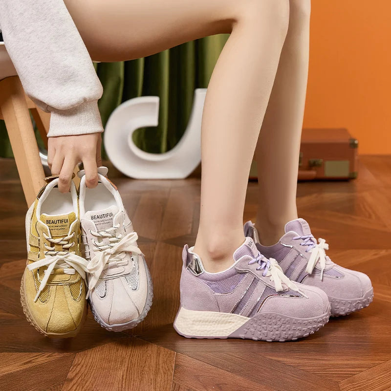 AUTUSPIN Summer Sneakers for Women 2025 Street Style Breathable Mesh Sports Training Shoes Female Spilcing Leather Lace-up Shoes