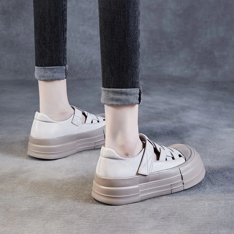 DRKANOL 2025 Fashion Genuine Leather Chunky Platform Shoes Summer Woven Hollow Breathable Thick Bottom Loafer Casual Roman Shoes