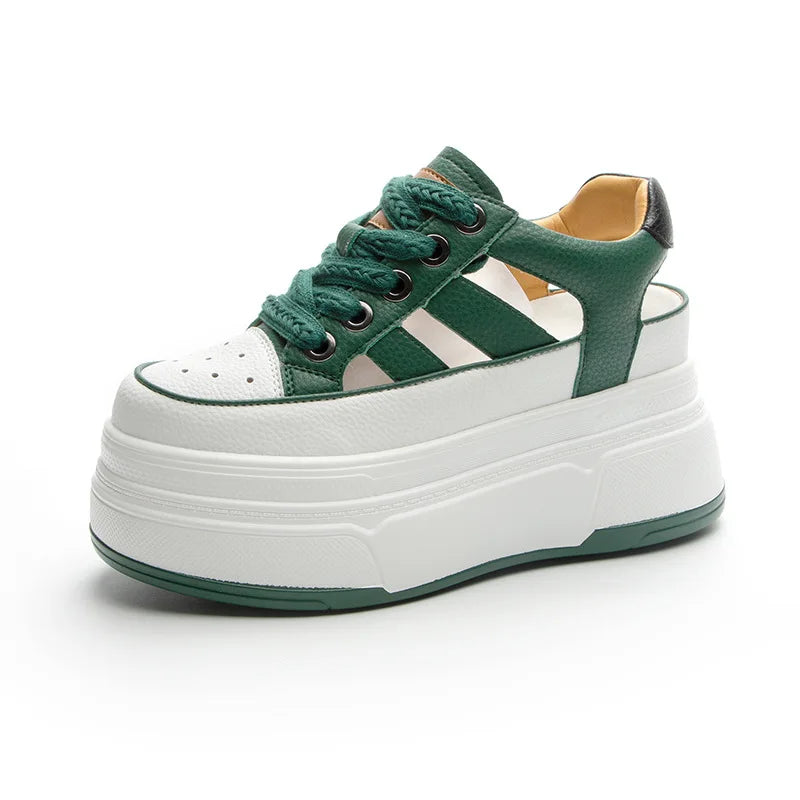 Autuspin Summer Sport Sandals Women Fashion Genuine Leather Hollow Out Vulcanized Shoes Ladies Rome Style High Platform Sneakers