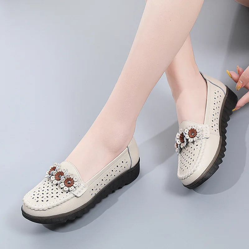 WOIZGIC Women Female Ladies Mother Genuine Leather Shoes Flats Loafers Platform Hollow Slip On Summer Cool Flowers Moccasins