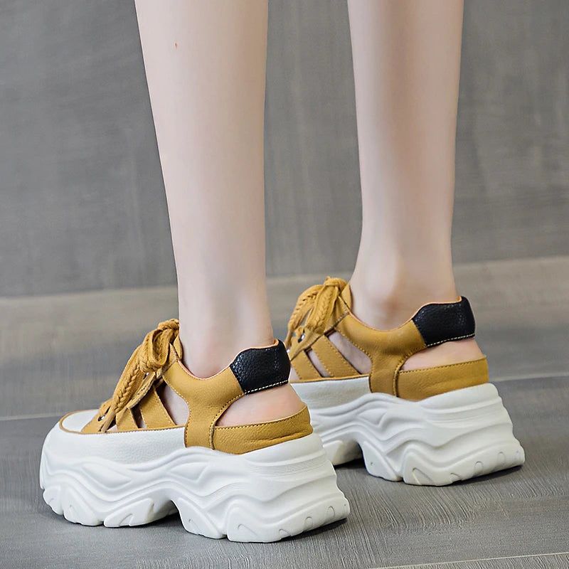 Autuspin New Genuine Leather Women Shoes Summer Retro Breathable Female Sandals Round Toe Leisure Slingbacks Thick Sole Sandal