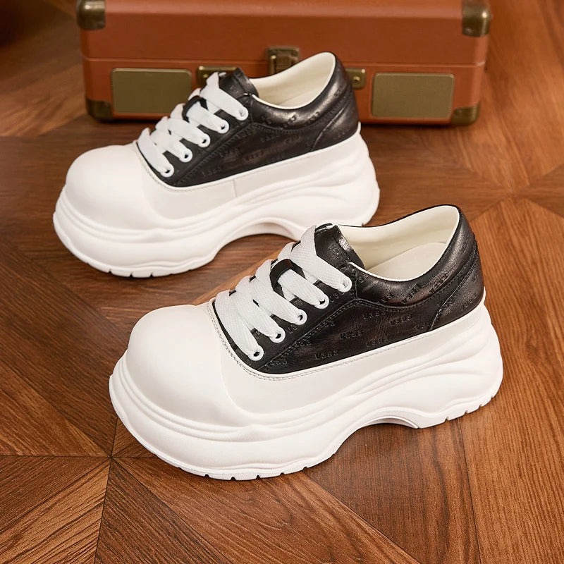 AUTUSPIN 6.5cm Chunky White Shoes for Women Summer Autumn Fashion Lace-up Platform Casual Shoes Female Flats Bottom Sneakers
