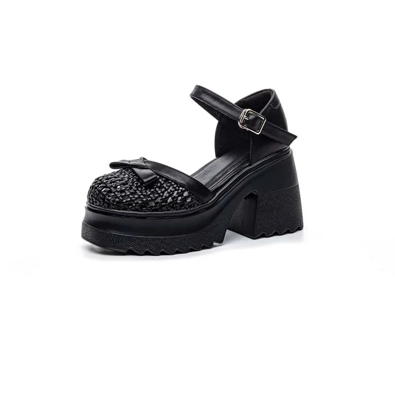 Fujin 10cm PU Synthetic Microfiber Leather Peep Toe Shoes Buckle Mary Jane Platform Wedge Fashion Slippers Women Sandals Pumps