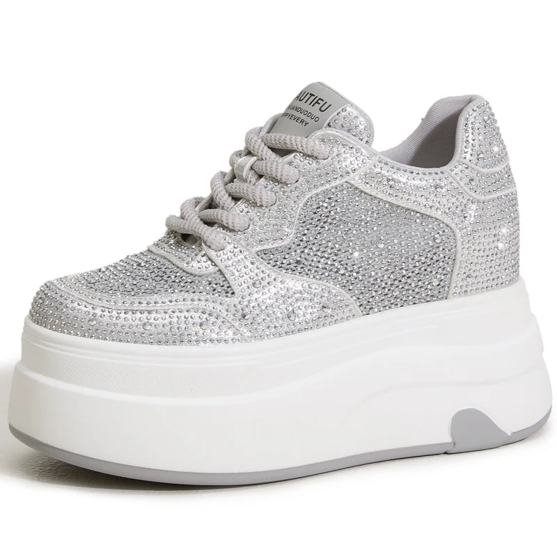 AUTUSPIN 10cm Women White Shoes Full Rhinestones Ladies Shiny Casual Shoes Fashion High Platform Wedges Chunky Sneakers Casual