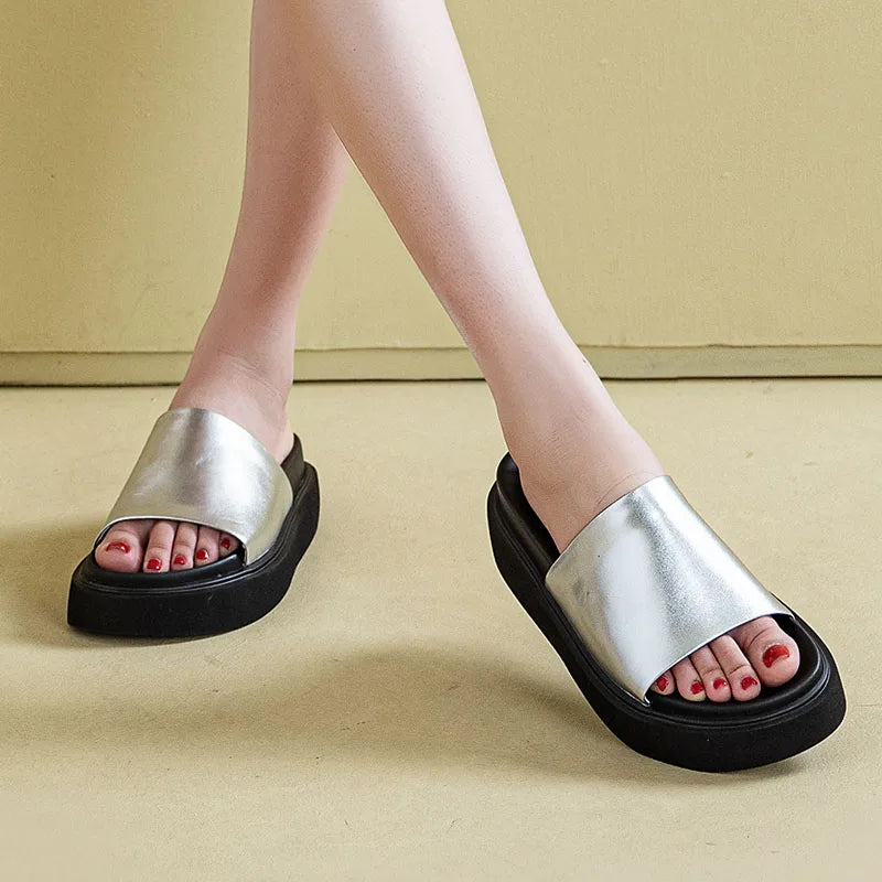 DRKANOL Fashion Women Chunky Platform Slippers Summer Slip On Open Toe Cow Genuine Leather Wedges Heel Slippers Casual Slides