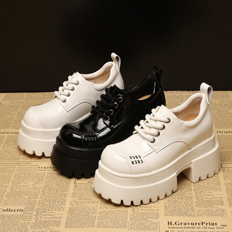 AUTUSPIN 8.5 High Thick Heels Pumps Women Fashion Platform Wedgs Loafers Ladies Microfiber Leather Oxfords Shoes Popular Beige