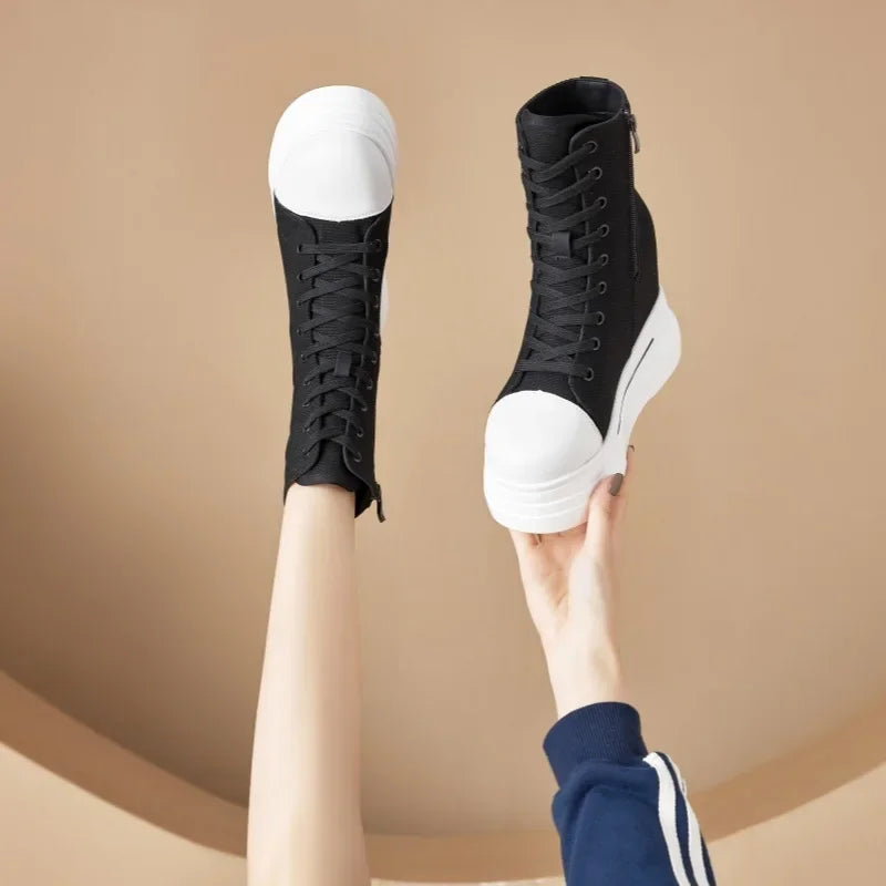 Fujin 14cm New Denim Women Autumn Spring Hidden High Synthetic ZIP Ankle Booties Flats Platform Wedge Ankle Boots Fashion Shoes