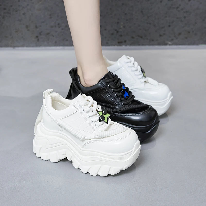 AUTUSPIN New Stylish Women Sneakers Leisure Shoes 2025 Spring Autumn Fashion Leather Thick Bottom Chunky Comfortable Sneaker