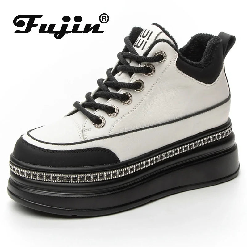 Fujin 6cm New Genuine Leather Women Shoes Winter Boot Women Combat Boots Ankle Platform Sneakers Spring Autumn Warm Fur Booties
