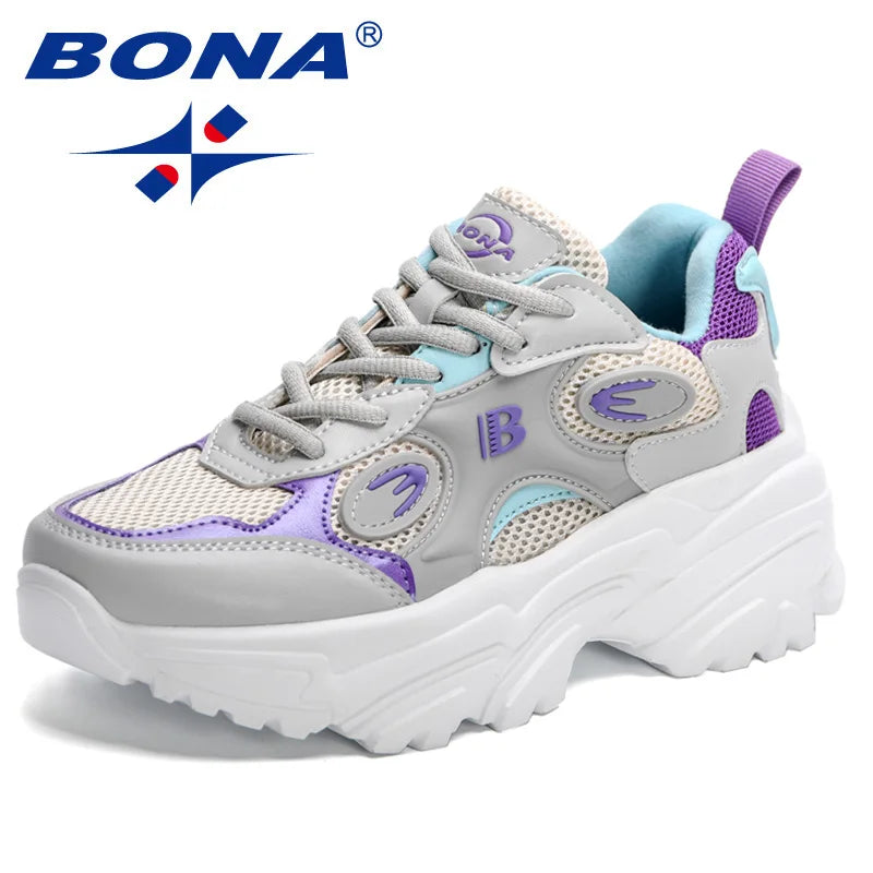 BONA  New Designers Women Lace Up Platform Sneakers Ladies Leisure Feminino Casual Shoes Breathable Walking Shoes