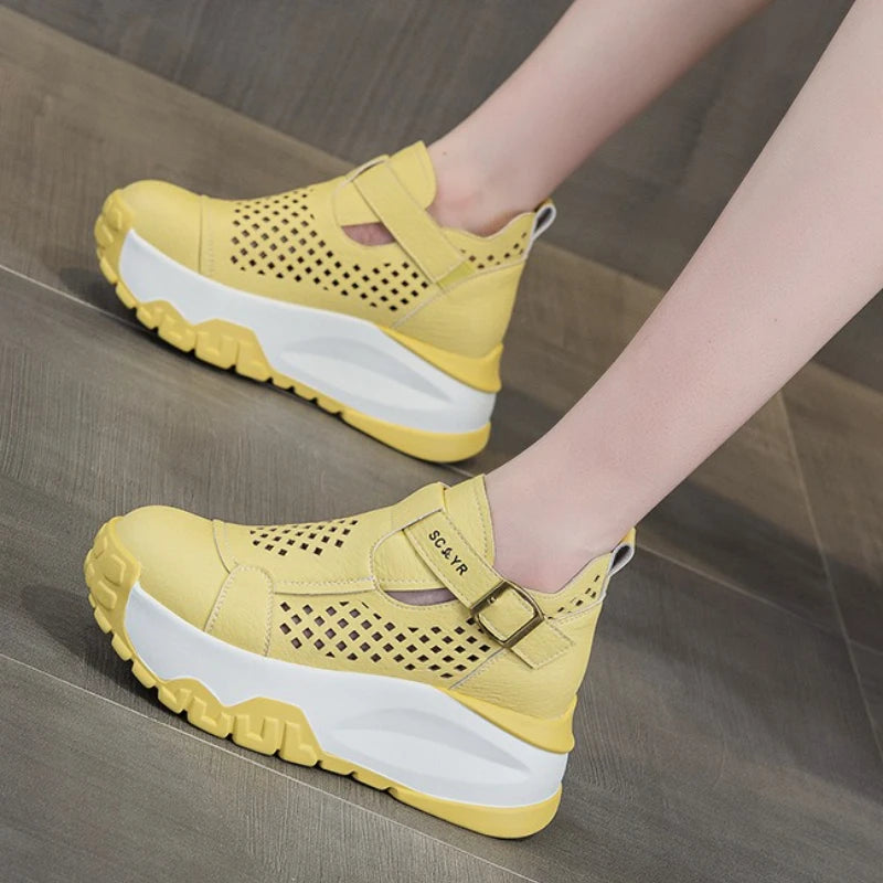 Fujin 7.5cm Microfiber Leather Ankle Boots Sandals Women Platform Wedge Fashion Summer Comfy Shoes Hollow Chunky Sneaker Lace Up