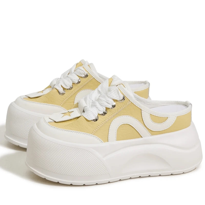 AUTUSPIN 6cm Platform Flats Sneakers for Women Summer Round Toe Slippers Fashion Wide Toe Leather Ladies Slides Shoes Lace-up