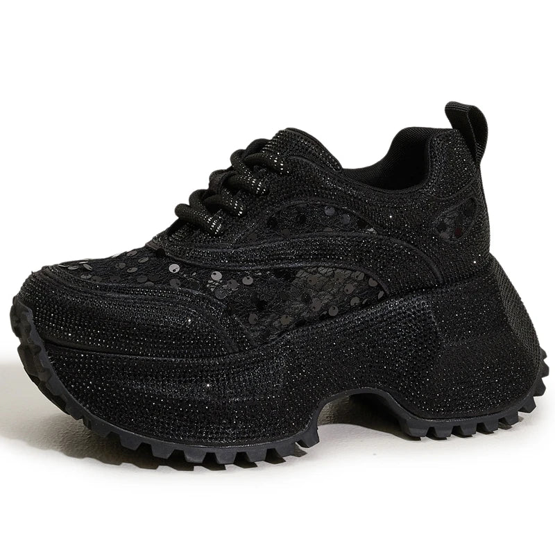 AUTUSPIN 7.5cm Thick Soled Women Shoes Summer Fashion Lace Spilcing Leather Chunky Sneakers Street Style Tide Crystal Shoes