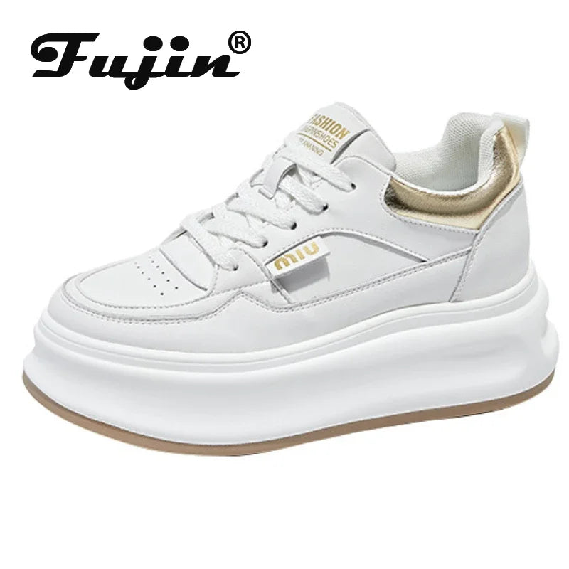 Fujin 6.5cm Cow Genuine Leather Comfy Breathable Sneakers Vulcanized Chunky Hidden Heel Block Skate Board Platform Wedge Shoes