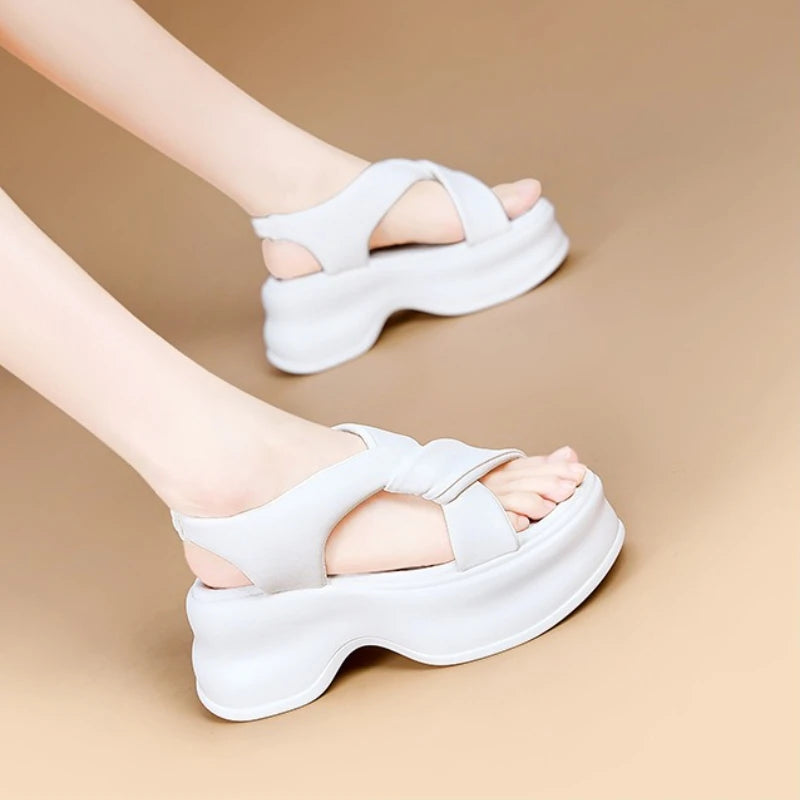 Fujin 7.5cm PU Synthetic Microfiber Leather Platform Wedge Flats Fashion Slippers Women Sandals Fashion Peep Toe Shoes Pumps