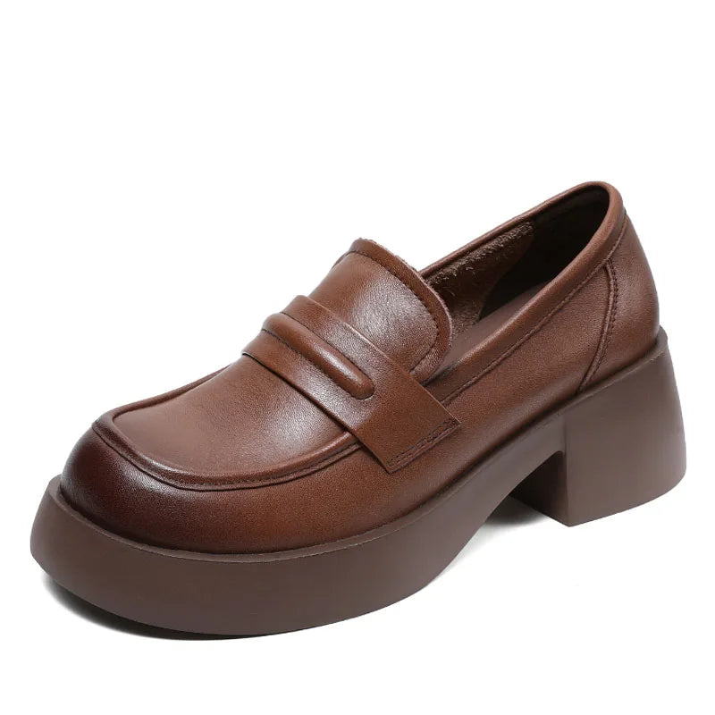 DRKANOL 2025 Women Genuine Leather Loafers High Quality Genuine Leather Slip-On Chunky Platform Pumps Women High Heel Shoes